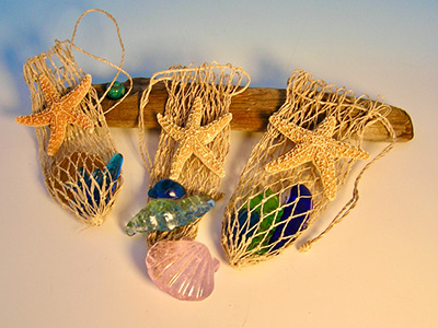 Glass Shells in Fish Net Bags